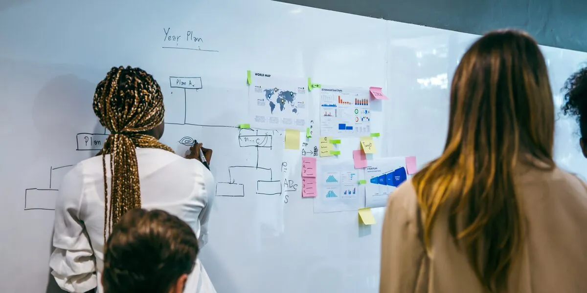 Réunion stratégique autour d'un tableau blanc