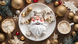Assiette de Noël décorative avec figurine de Père Noël, entourée de boules dorées, de flocons de neige et d'une tasse de chocolat chaud.