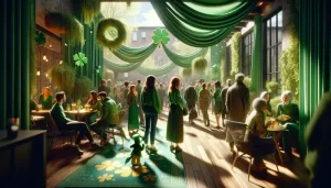 Personnes de diverses origines célébrant la Saint-Patrick dans un espace communautaire avec des décorations vertes subtiles