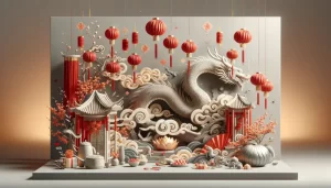 Illustration 3D du Nouvel An Chinois avec lanternes rouges, dragon de bois, et symboles de la culture chinoise en teintes pastel.