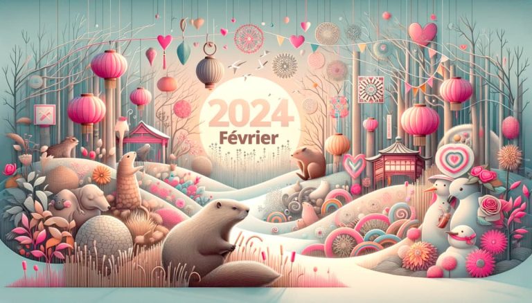 Illustration 3D des célébrations de février, mêlant Jour de la Marmotte, zones humides, lutte contre le cancer, Nouvel An Chinois, Carnaval de Québec et Saint-Valentin.
