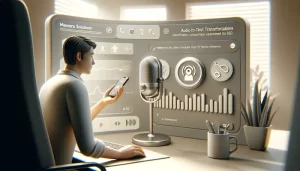 Utilisateur enregistrant sa voix sur un téléphone avec l'interface MEMORA en arrière-plan dans un bureau moderne