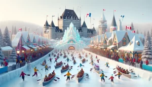 Illustration 3D du Carnaval de Québec capturant l'atmosphère festive avec le palais de glace, les courses en canot, et les sculptures de neige.