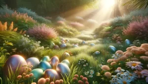 Scène paisible du matin de Pâques avec des œufs colorés cachés dans l'herbe fraîche d'un jardin en fleurs