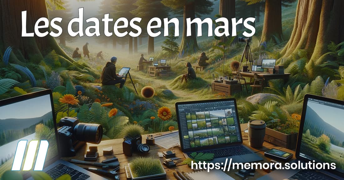 Scène hyper-réaliste de créateurs de contenu dans un cadre naturel, utilisant des appareils numériques pour la planification de mars 2024.