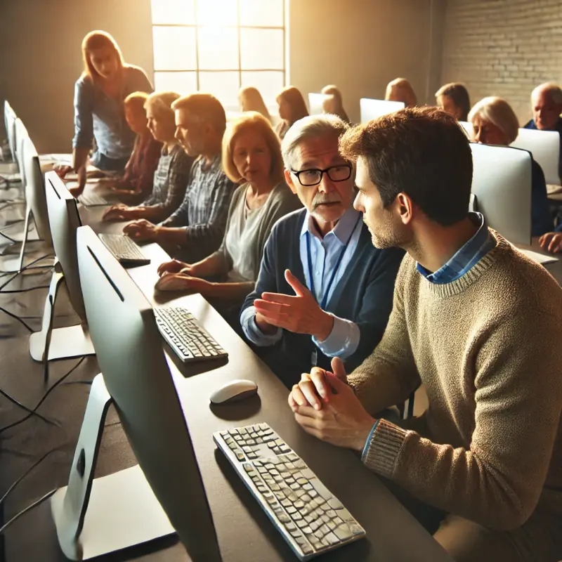 Enseignant donnant une formation à des étudiants adultes utilisant des ordinateurs dans un environnement moderne.