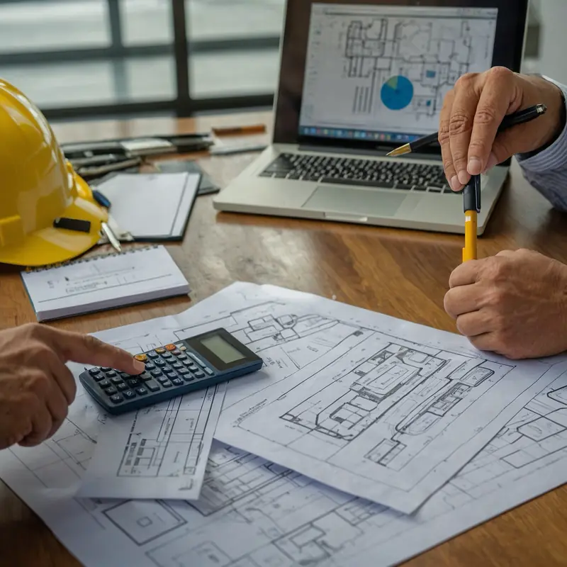 Deux professionnels discutant autour de plans de construction sur une table, avec un ordinateur portable, une calculatrice, et un casque de chantier jaune en arrière-plan.