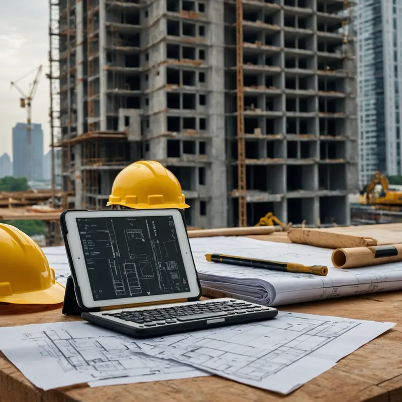 Une tablette avec un clavier et des plans de construction posés sur une table de chantier, avec des casques de chantier jaunes et un immeuble en construction en arrière-plan.