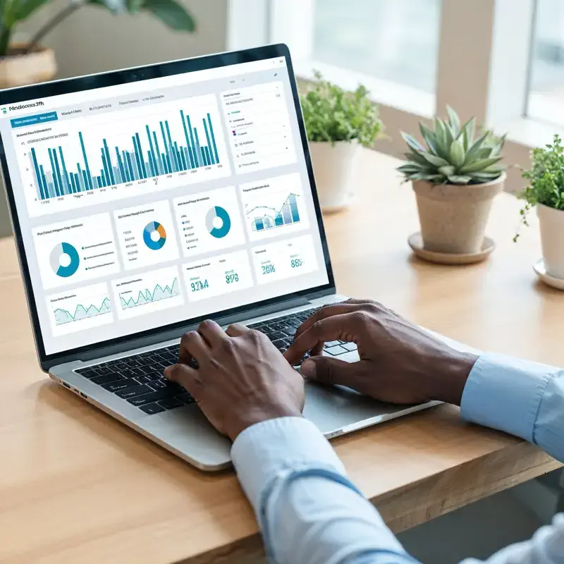 Personne utilisant un ordinateur portable pour analyser des tableaux de bord de données, représentant l'optimisation SEO et le développement de solutions numériques pour PME.