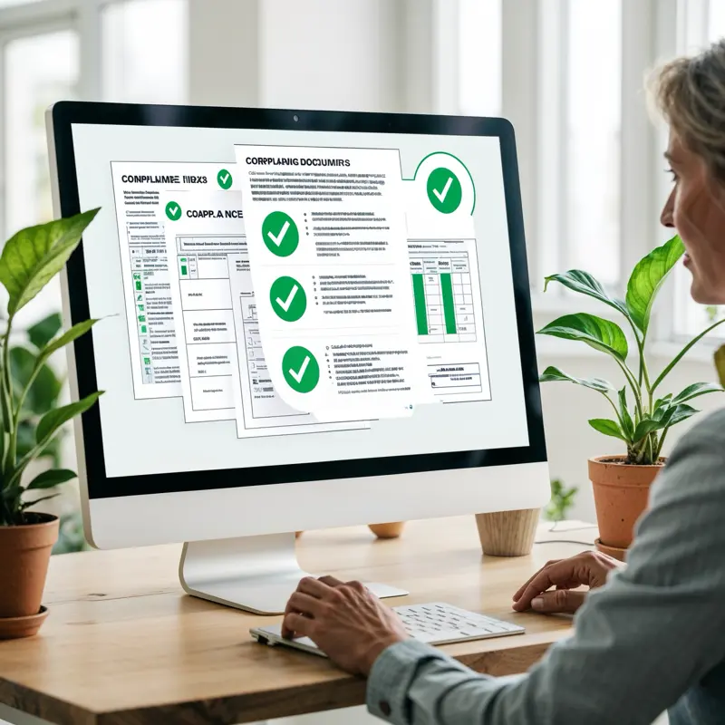 Personne analysant des documents de conformité sur un écran d’ordinateur, illustrant l'audit technologique et la sécurité informatique pour PME.