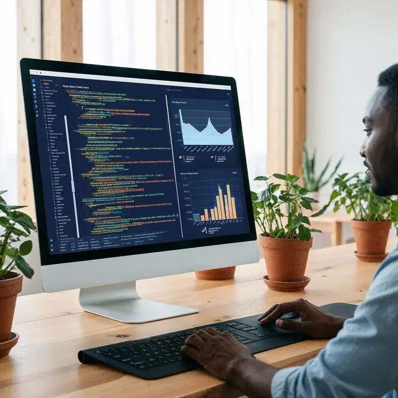 Développeur travaillant sur du code et des graphiques de performance, illustrant la création de solutions numériques et la sécurité informatique pour PME.