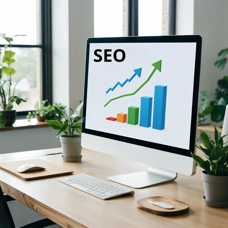 Écran d'ordinateur affichant un graphique de croissance SEO, illustrant l'importance de l'optimisation SEO et du marketing digital pour les PME.