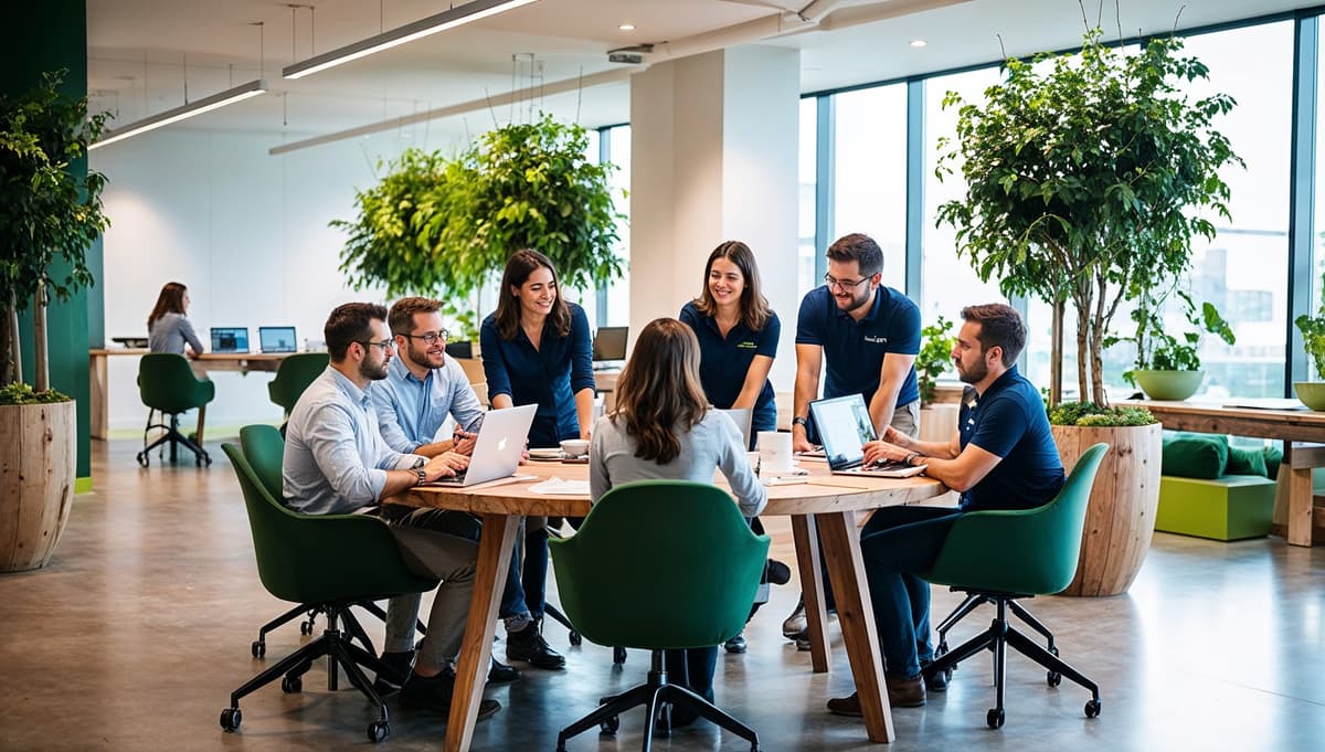 Équipe de professionnels collaborant dans un espace de travail moderne pour des solutions numériques innovantes chez MEMORA solutions