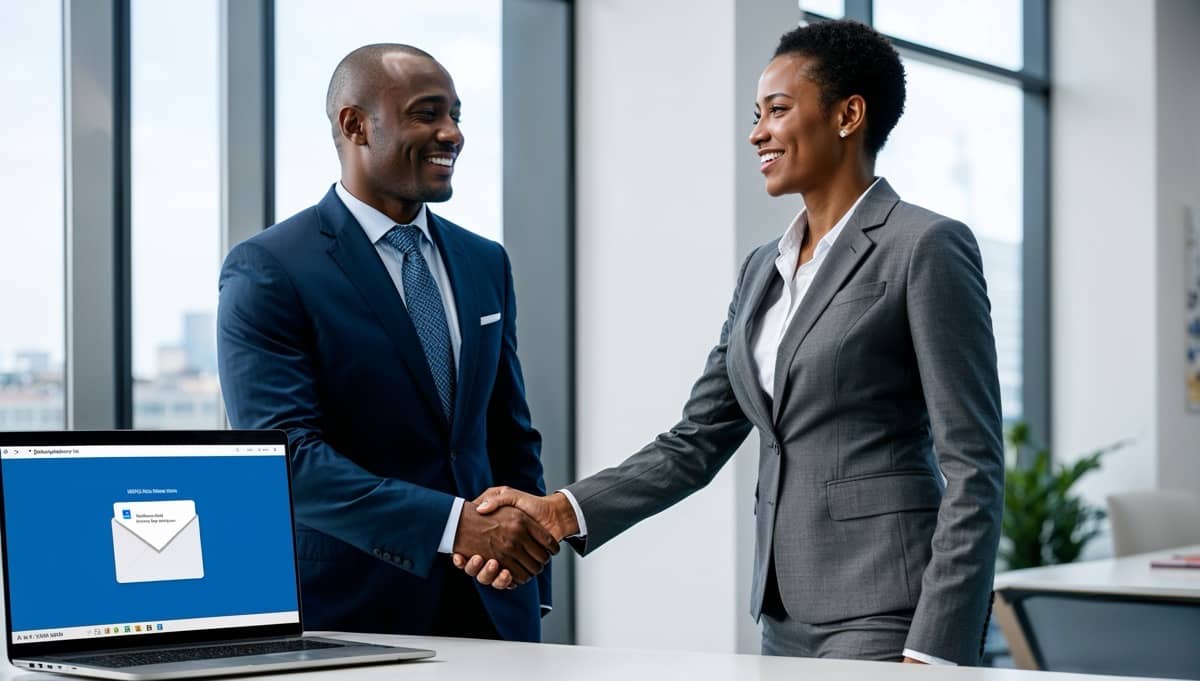 Deux professionnels se serrant la main avec le sourire dans un bureau moderne, symbolisant la collaboration et l'intégration de solutions numériques avec MEMORA Solutions.