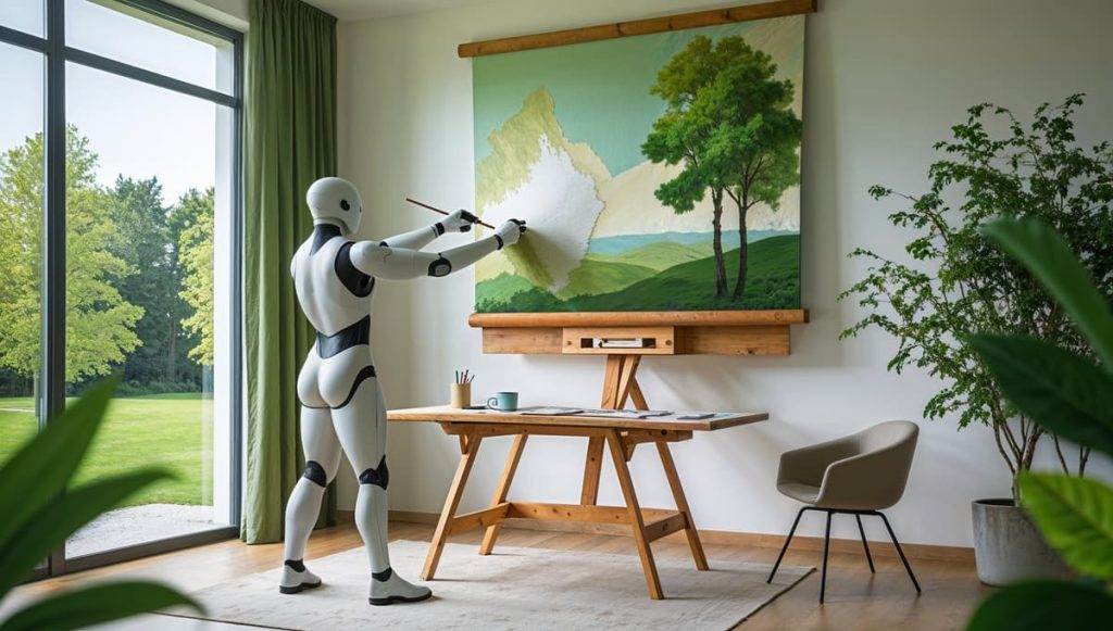 Un robot humanoïde utilisant l'intelligence artificielle peint un paysage naturel sur une toile dans un bureau moderne et écoresponsable, illustrant la fusion entre créativité et technologie.