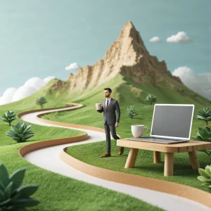 Illustration symbolique d’un entrepreneur marchant sereinement sur un chemin sinueux et accessible, représentant les avantages de la location d’un site internet, avec un paysage lumineux et des éléments modernes en arrière-plan.
