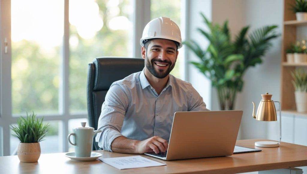 Un entrepreneur portant un casque de chantier souriant devant son ordinateur dans un bureau lumineux, représentant l'utilisation efficace des outils numériques.
