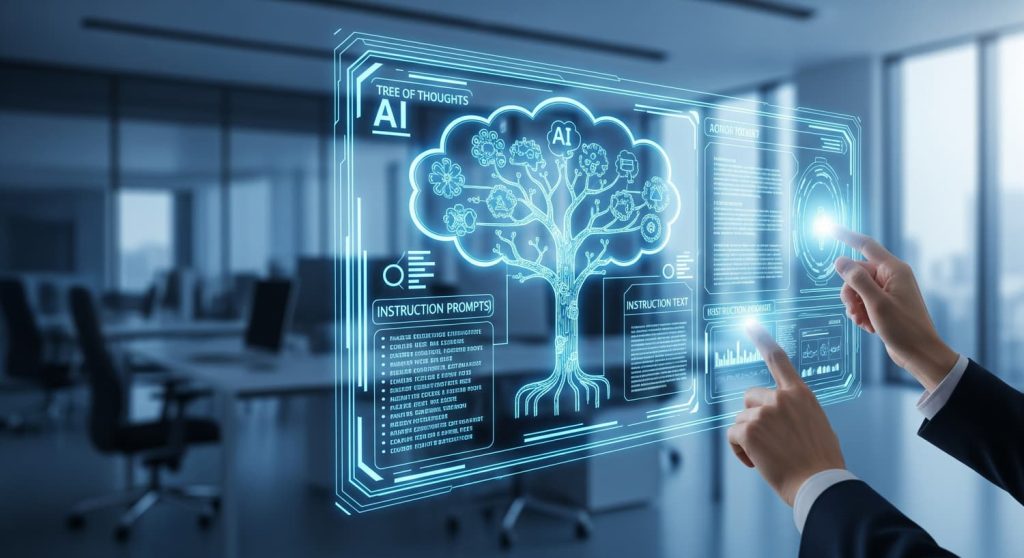 Visuel illustrant six stratégies de prompting IA (Chain-of-Thought, Few-Shot, Self-Consistency, ToT, Zero-Shot, Role-Playing) pour optimiser l’intelligence artificielle en entreprise en 2025