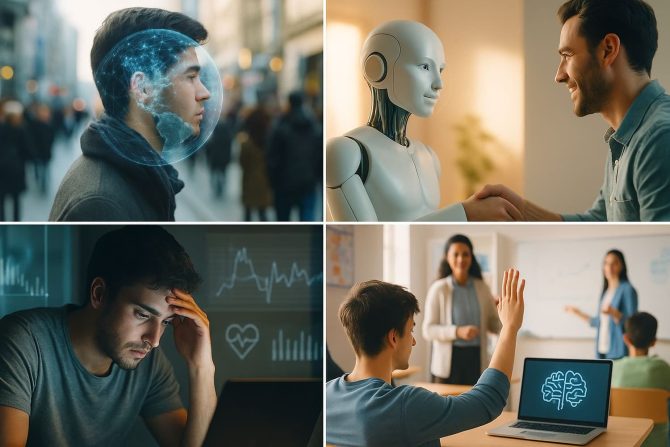Collage illustrant quatre impacts de l’intelligence artificielle : identité culturelle, empathie artificielle, santé mentale et transformation de l’éducation