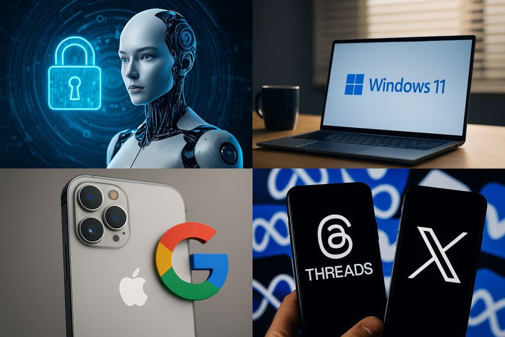 Image divisée en quatre sections illustrant les thèmes du podcast : un robot symbolisant l'IA et la cybersécurité, un écran affichant Windows 11 24H2, un iPhone croisé avec le logo Google, et un duel visuel entre Threads et X.