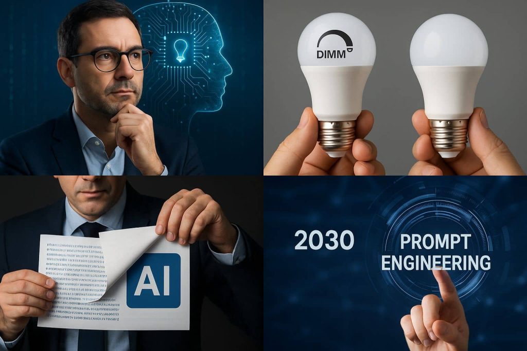 Illustration conceptuelle représentant l’intelligence artificielle, l’éclairage LED intelligent et le prompt engineering, les trois technologies majeures pour la transformation numérique des PME québécoises en 2025