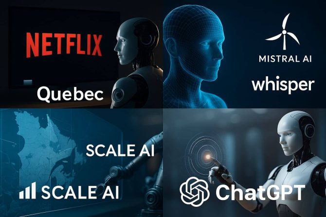 Image divisée en quatre sections illustrant l’IA chez Netflix, Voxtral de Mistral AI, l’investissement de Scale AI au Québec et ChatGPT Agent, représentant les grands axes de transformation de l’intelligence artificielle en 2025