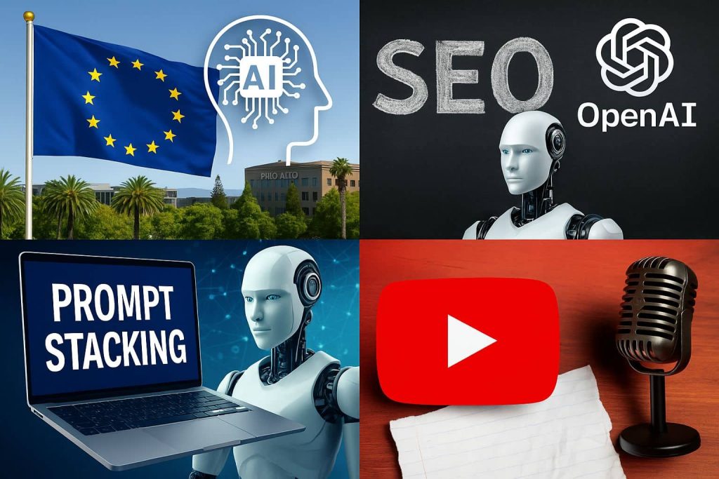 Illustration des grands enjeux numériques actuels : réglementation européenne de l’IA, disparition du SEO traditionnel, prompt stacking en marketing digital et nouvelles règles de monétisation sur YouTube