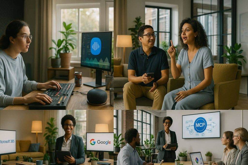 Image illustrant quatre usages de l’intelligence artificielle : génération musicale instantanée, assistants vocaux Alexa/Google/Siri en maison connectée, comparatif Microsoft 365 vs Google Workspace dans un bureau moderne, et standardisation IA MCP en réunion d’entreprise au Québec.