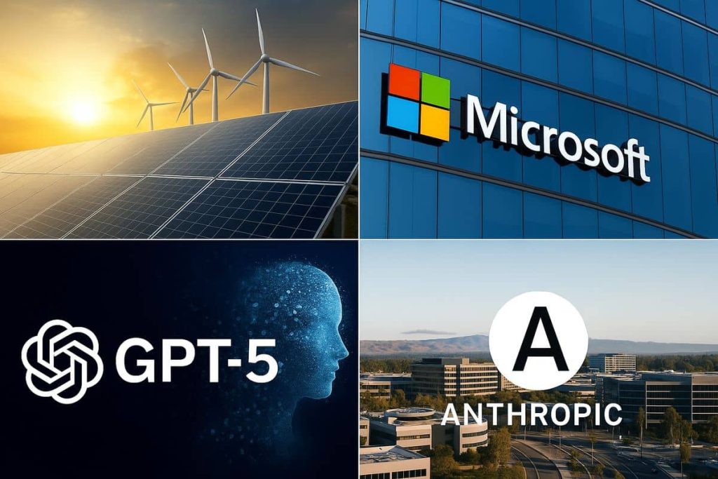 Image divisée en quatre sections illustrant les thèmes clés de 2025 : panneaux solaires au coucher du soleil, logo Microsoft sur un immeuble vitré, représentation de GPT-5 par un visage numérique et le logo Anthropic sur fond de Silicon Valley.